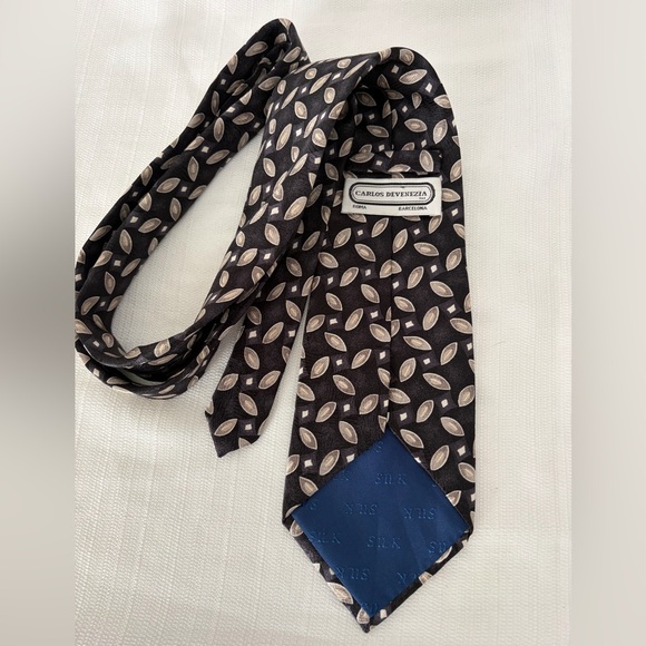 Carlos Devenezia Silk Tie Roma Barcelona Brown Geometric Classic(B123) - Picture 3 of 6